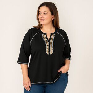 LOGO by Lori Goldstein Black Tunic Top Embroidered Neckline Size 1X Boho Casual